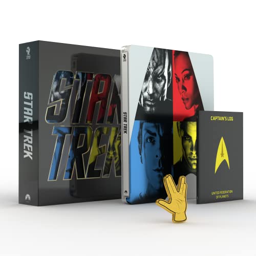 Steelbook Blu-ray of Star Trek featuring character portraits and a Vulcan hand.