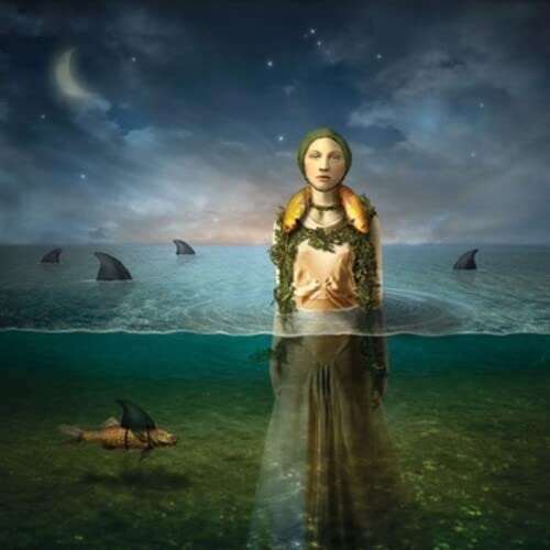 Woman emerging from water with sharks, under a crescent moon.