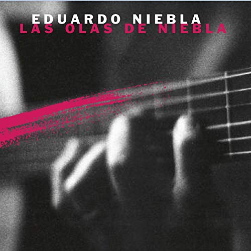 "Black and white close-up of a hand playing a guitar with pink accents."