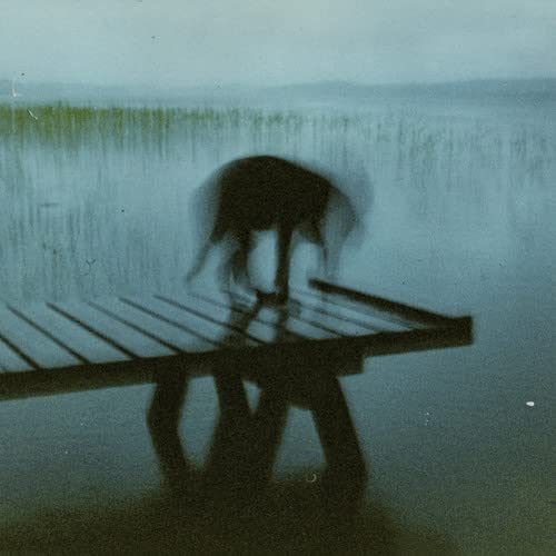Blurry image of a person on a dock by water, moody tone.