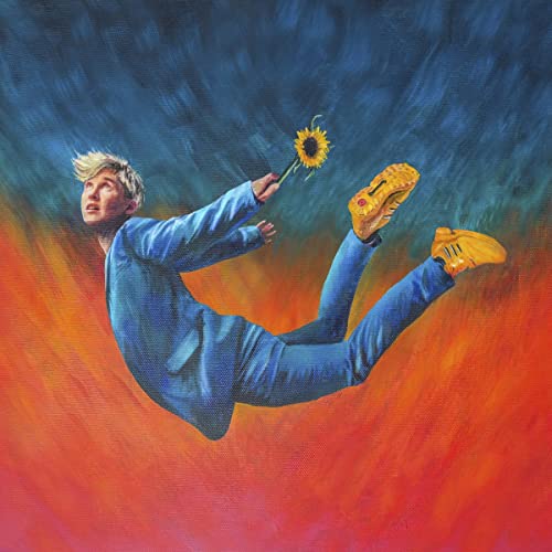Painted album cover of a person floating with a sunflower and boot.