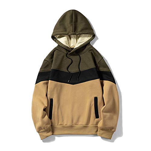 Colorblock hoodie with olive, black, and tan panels and a cream lining.