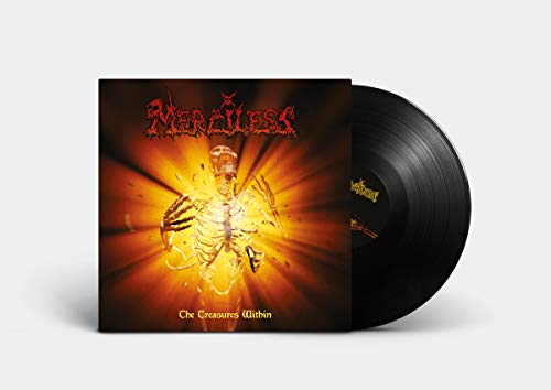 Merciless" vinyl record with a skeletal figure on a fiery orange cover.