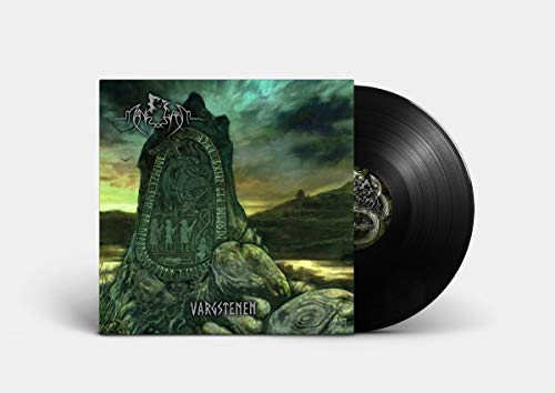 The image depicts a vinyl record cover featuring a dark, mystical landscape. "Vinyl album cover with carved stone monument in a dark, mystical landscape."