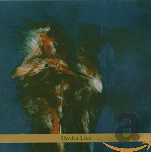 "Album cover with abstract, dark green and orange artwork, gold banner with 'Davka Live' text."
