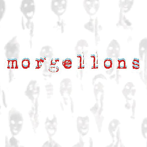 The image shows the word "morgellons" in red, with faint grey faces on a white background.