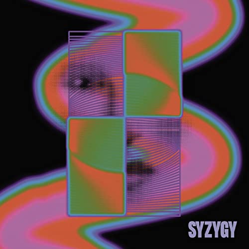 Abstract album cover with colorful waves and a fragmented portrait.