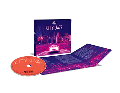 CD case and disc for “4te! - City Jazz” with city skyline artwork.