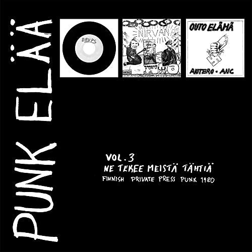 Black album cover with white text and three small black and white images.