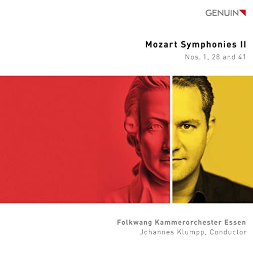 CD cover for Mozart symphonies featuring a portrait split in red and yellow.