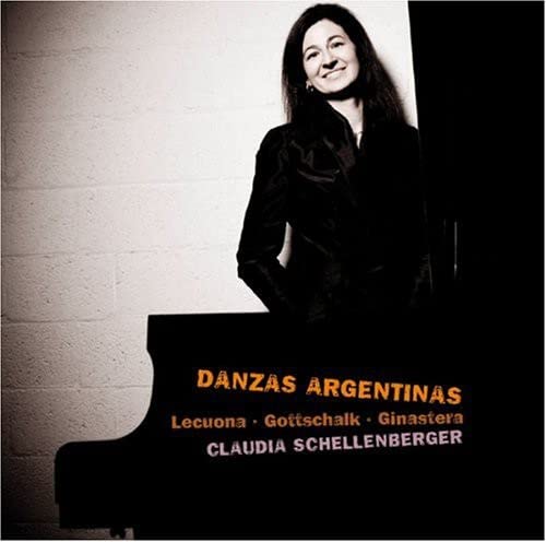 Woman smiling beside a black piano, album title "Danzas Argentinas" visible.