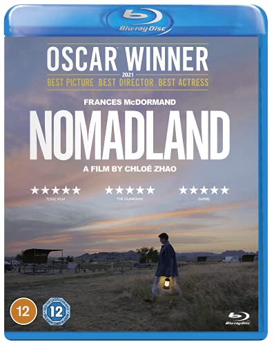 "Blu-ray case for 'Nomadland' with a person walking alone in a field."