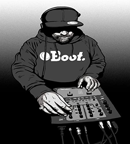 Illustration of a DJ with a baseball cap operating a mixing console.