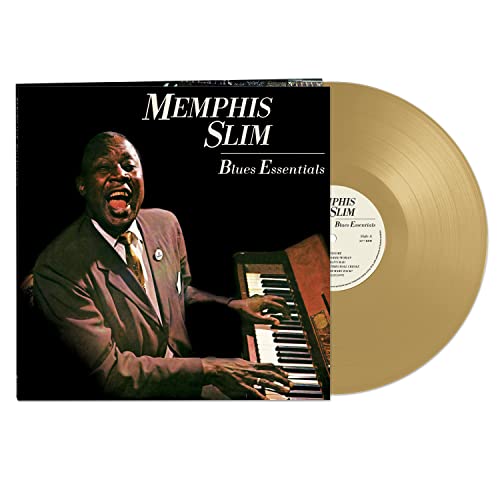 Gold vinyl record of Memphis Slim’s “Blues Essentials” with album cover.