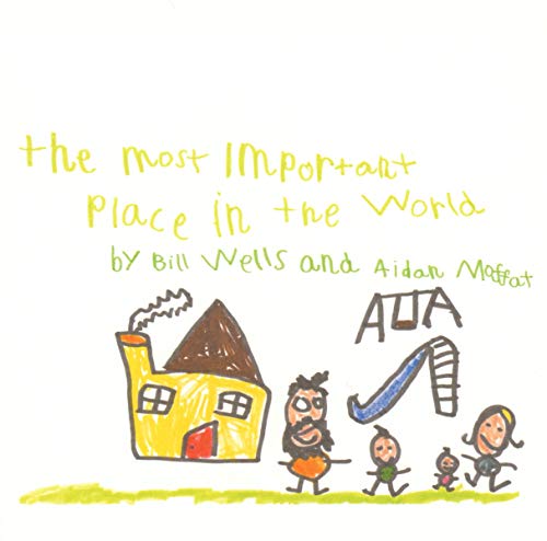 Childlike drawing of a house, figures, and ladder with green text.