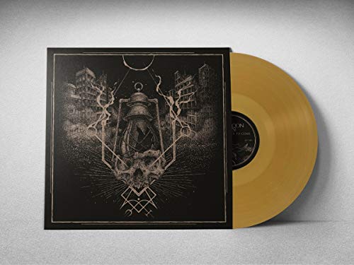 Black album cover with gothic art, beside a golden vinyl record.