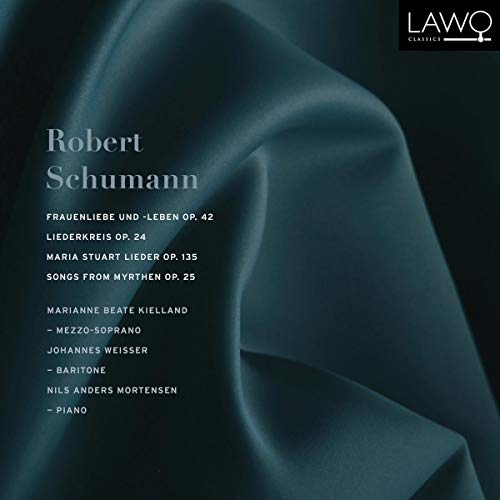Dark teal fabric background with white text listing Robert Schumann's musical compositions and performers.