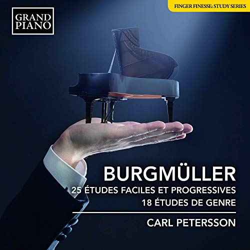 CD cover featuring a hand holding a miniature grand piano, text “Burgmüller”.