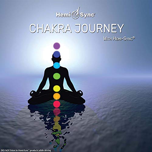 A person meditates with chakra symbols on a calm water surface with a blue background.