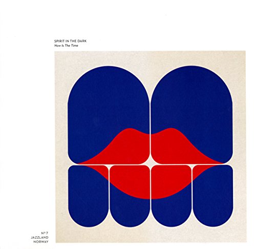 "Vinyl record cover with blue and red abstract shapes on beige background."