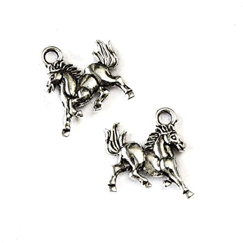 Two silver-colored metal horse charms with loops for hanging on a white background.