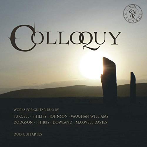 "CD cover with 'Colloquy' title, standing stones, and sunset landscape."
