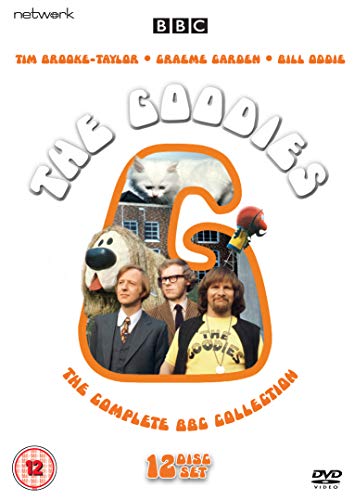 DVD cover for "The Goodies" featuring three men and cartoon characters on a white background.
