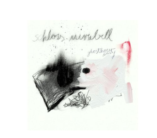 Abstract black and pink ink blots with handwritten text on white background.