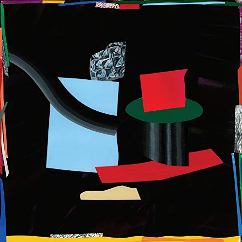 Abstract album cover with black background, geometric shapes, and vibrant colors.