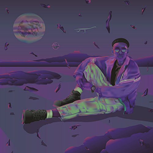 A man sits on the ground surrounded by fish, under a full moon.