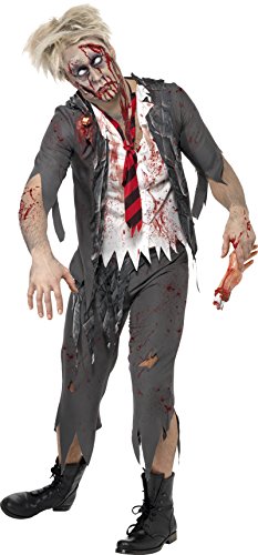 "Man dressed in tattered schoolboy zombie costume with blood-stained shirt and ripped trousers."