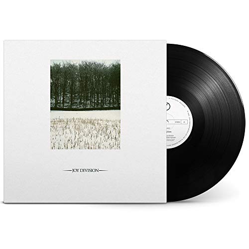 "Album cover with snowy landscape and bare trees, featuring 'Joy Division' text at the bottom."