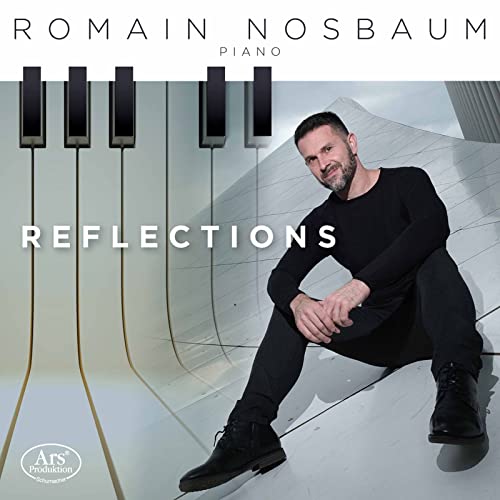 Album cover featuring pianist Romain Nosbaum with piano key reflections.