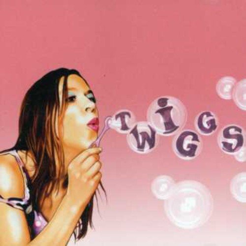 "Album cover featuring a woman blowing bubbles with 'TWIGS' written on them, pink background."