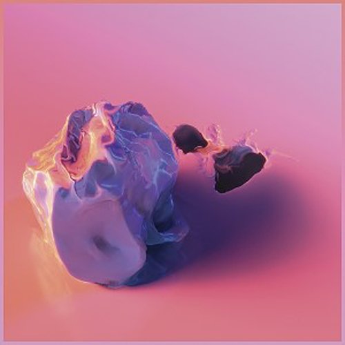 "Vinyl record sleeve with abstract, iridescent, purple and pink design on a pink background."