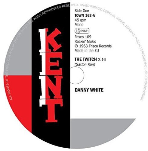 Vinyl record label with red and black vertical text, white and gray background.