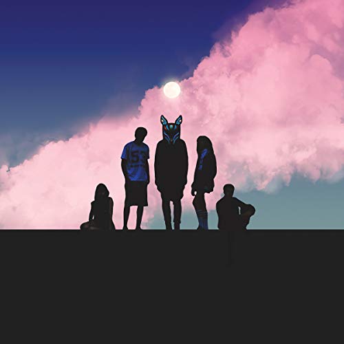 "Vinyl record cover featuring silhouetted figures against a pink cloudy sky with a full moon."