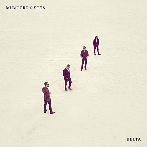 Album cover for Mumford & Sons’ “Delta” featuring four figures on a beige background.