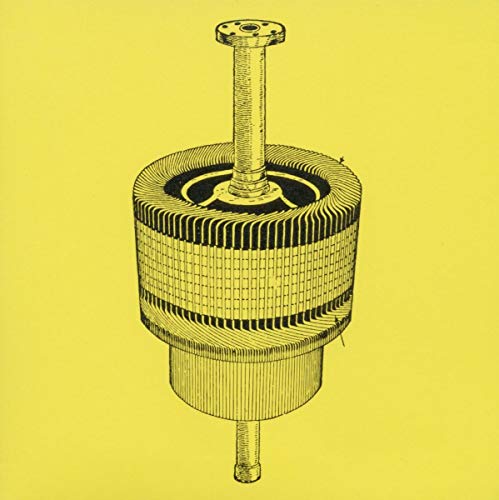 Yellow background with a detailed, vintage-style illustration of an electric motor armature.