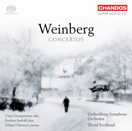 CD cover for Weinberg concertos, snowy landscape, figure walking away.