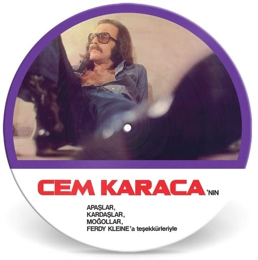 Vinyl record label featuring a portrait of Cem Karaca in a denim shirt.