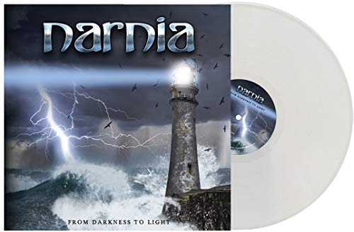 Narnia album cover with lighthouse and stormy sea, white vinyl record.