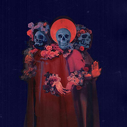 "Album cover art featuring three skeletons adorned with flowers against a dark blue background."