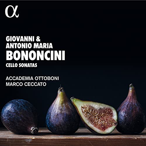 CD cover with text “Bononcini Cello Sonatas” and three figs.