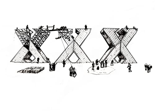 Black and white sketch of three large, abstract "X" structures with figures.