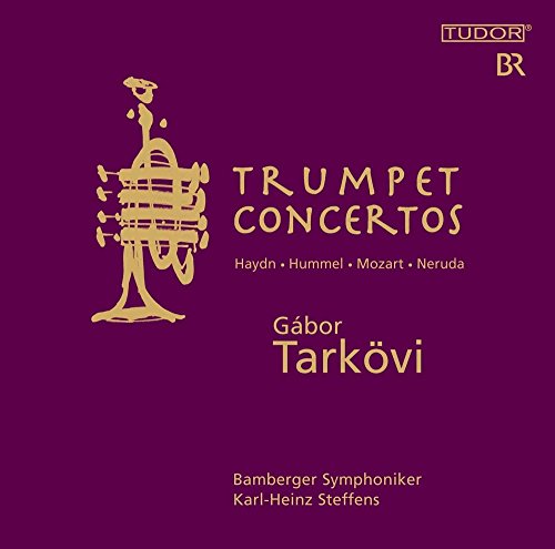 A purple CD cover with a gold trumpet and text "Trumpet Concertos" by Gabor Tarkövi.