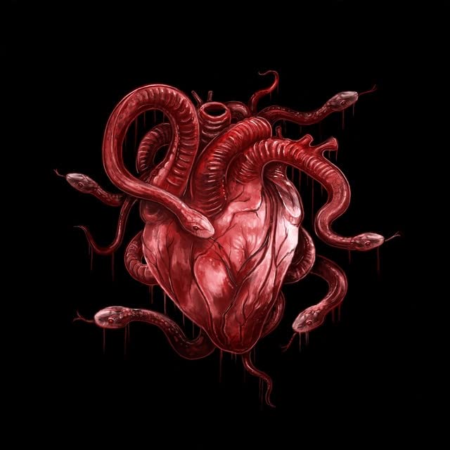 Red anatomical heart with snakes emerging, against a black background.