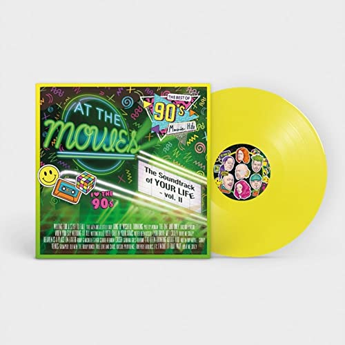 Yellow vinyl record with colorful 90s movie soundtrack album cover.