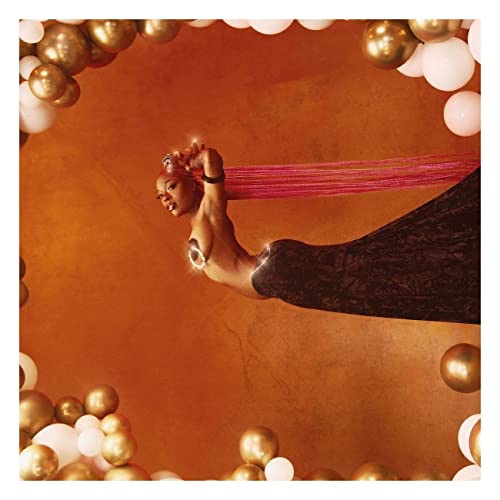 Album cover featuring a woman with long pink hair against an orange background.