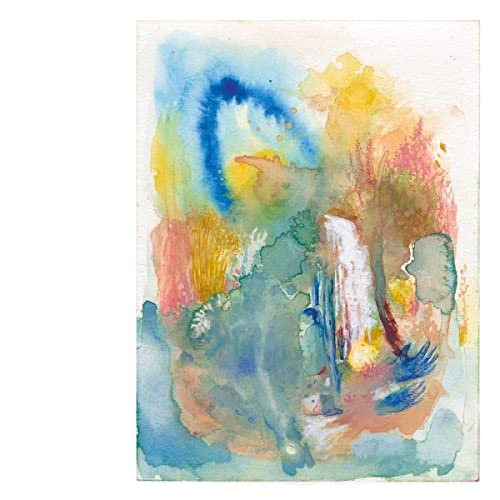 Watercolor painting with abstract washes of blue, green, and orange hues.